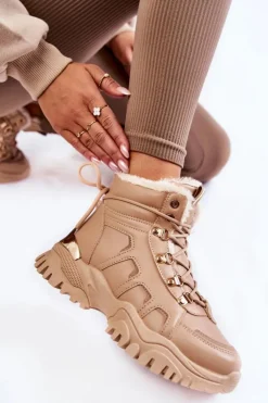 Damskie Evento Damskie Ocieplane Botki Trapery Na Platformie Beżowe Ofelia