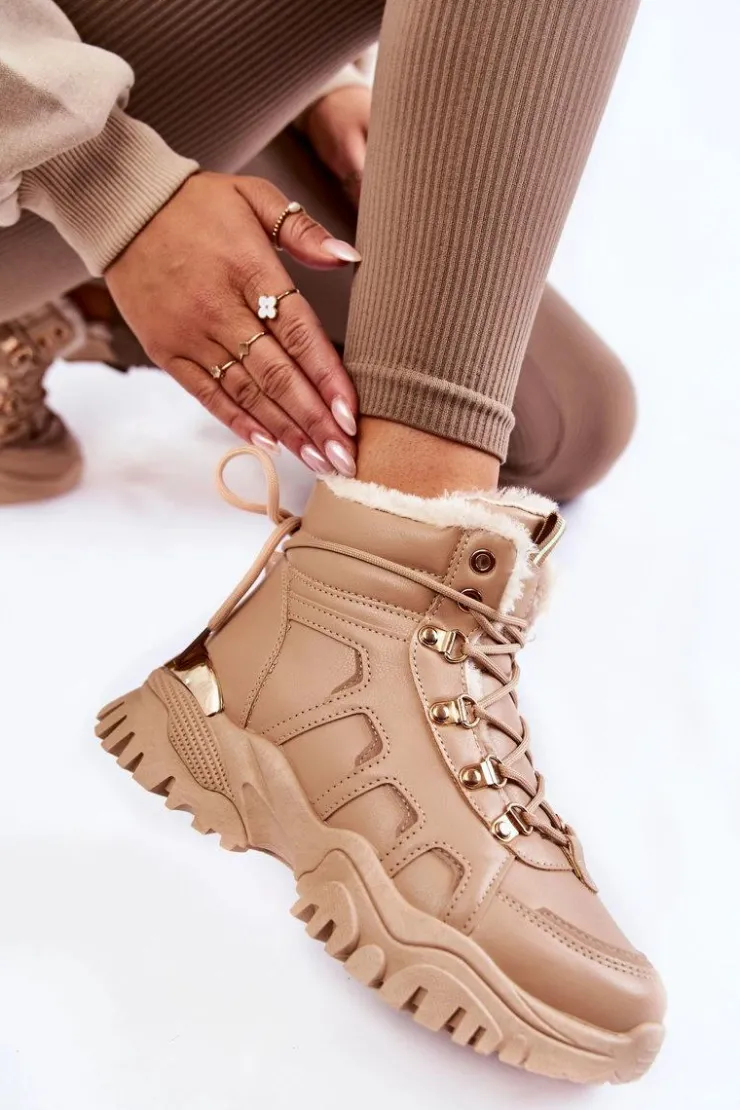 Damskie Evento Damskie Ocieplane Botki Trapery Na Platformie Beżowe Ofelia