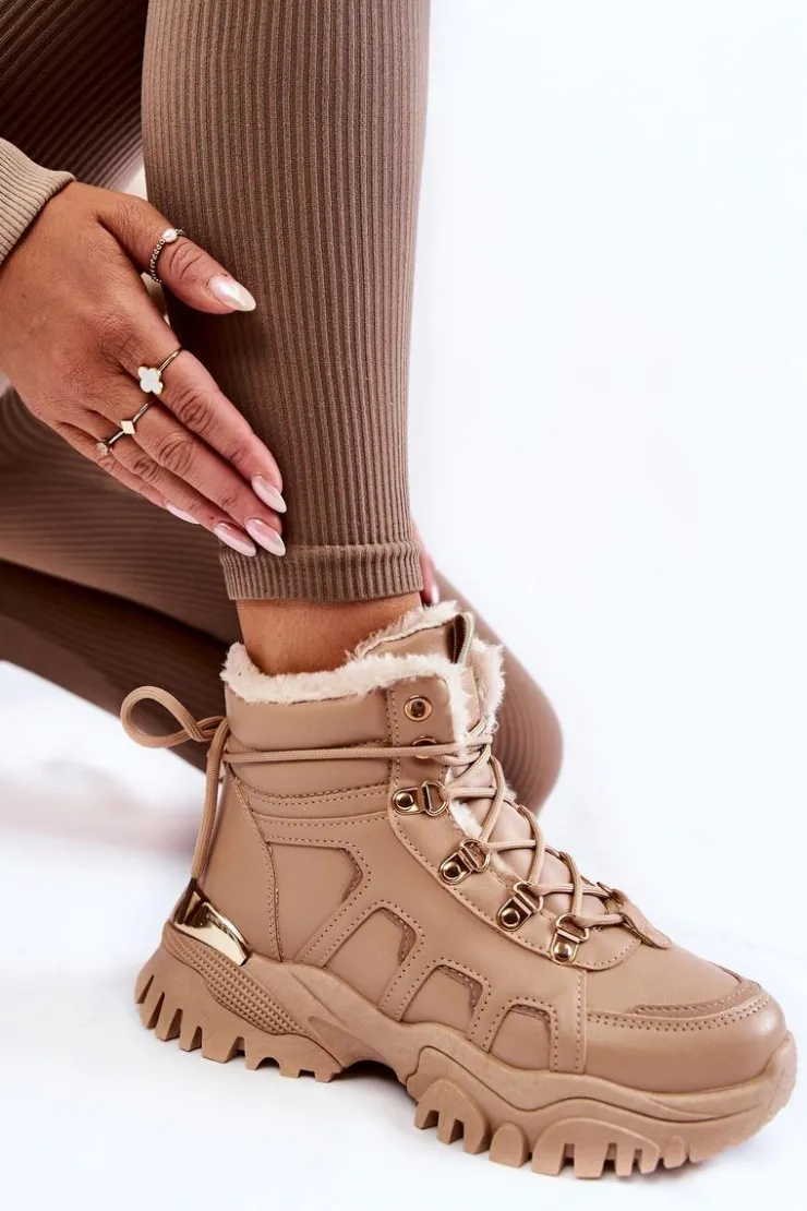 Damskie Evento Damskie Ocieplane Botki Trapery Na Platformie Beżowe Ofelia
