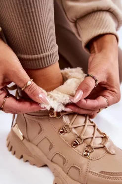 Damskie Evento Damskie Ocieplane Botki Trapery Na Platformie Beżowe Ofelia