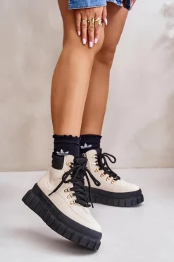 Evento Damskie Trapery|Botki Sznurowane*Damskie Ocieplane Botki Trapery Na Platformie Beżowe Jelenia