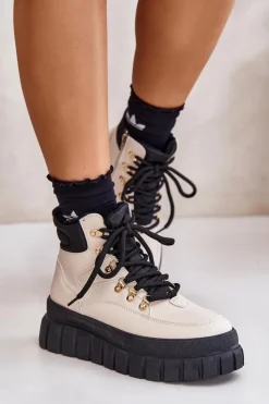 Evento Damskie Trapery|Botki Sznurowane*Damskie Ocieplane Botki Trapery Na Platformie Beżowe Jelenia