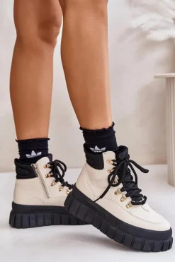 Evento Damskie Trapery|Botki Sznurowane*Damskie Ocieplane Botki Trapery Na Platformie Beżowe Jelenia