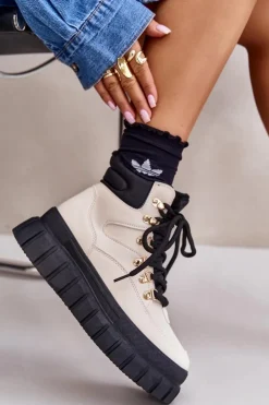 Evento Damskie Trapery|Botki Sznurowane*Damskie Ocieplane Botki Trapery Na Platformie Beżowe Jelenia