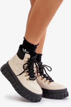 Evento Damskie Trapery|Botki Sznurowane*Damskie Ocieplane Botki Trapery Na Platformie Beżowe Jelenia