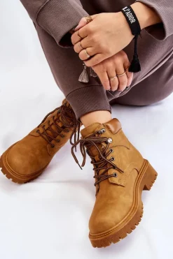 Damskie Boto Damskie Ocieplane Botki Trapery Sznurowane Camel Halfway