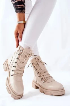 Damskie Boto Damskie Ocieplane Botki Trapery Beżowe Perfect