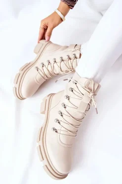 Damskie Boto Damskie Ocieplane Botki Trapery Beżowe Perfect