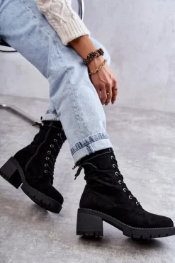 Damskie Boto Damskie Ocieplane Botki Trapery Na Obcasie Czarne Julieta