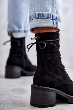 Damskie Boto Damskie Ocieplane Botki Trapery Na Obcasie Czarne Julieta