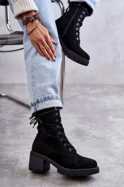 Damskie Boto Damskie Ocieplane Botki Trapery Na Obcasie Czarne Julieta