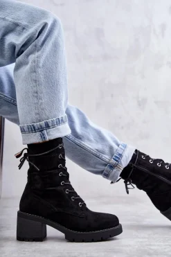 Damskie Boto Damskie Ocieplane Botki Trapery Na Obcasie Czarne Julieta