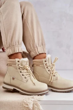 Evento Damskie Trapery|Botki Sznurowane*Damskie Ocieplane Botki Trapery Beżowe Liv