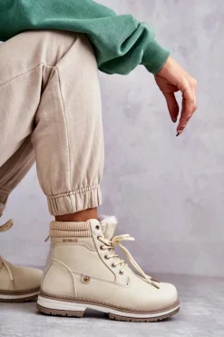 Evento Damskie Trapery|Botki Sznurowane*Damskie Ocieplane Botki Trapery Beżowe Liv