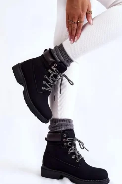 Damskie Boto Damskie Ocieplane Botki Trapery Czarne Lonne