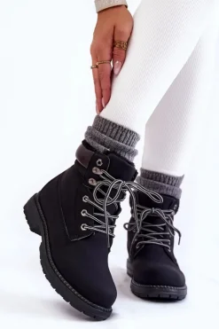 Damskie Boto Damskie Ocieplane Botki Trapery Czarne Lonne