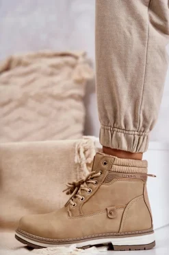 Evento Damskie Trapery|Botki Sznurowane*Damskie Ocieplane Botki Trapery Ciemny Beż Liv