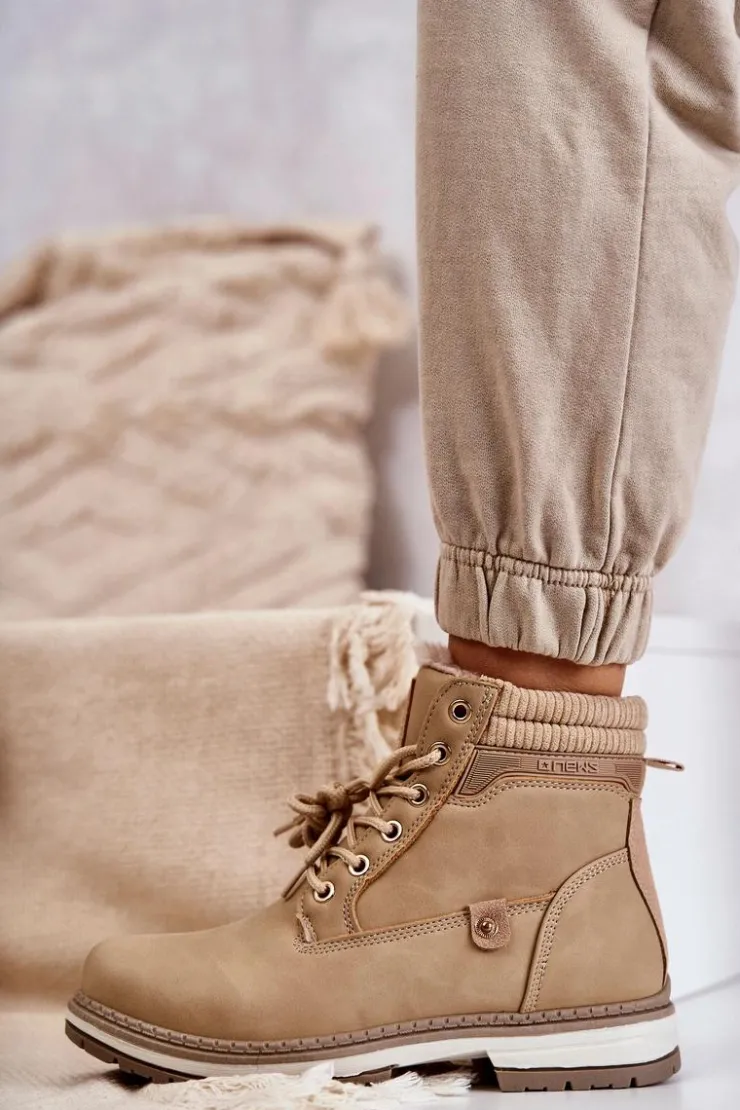 Evento Damskie Trapery|Botki Sznurowane*Damskie Ocieplane Botki Trapery Ciemny Beż Liv