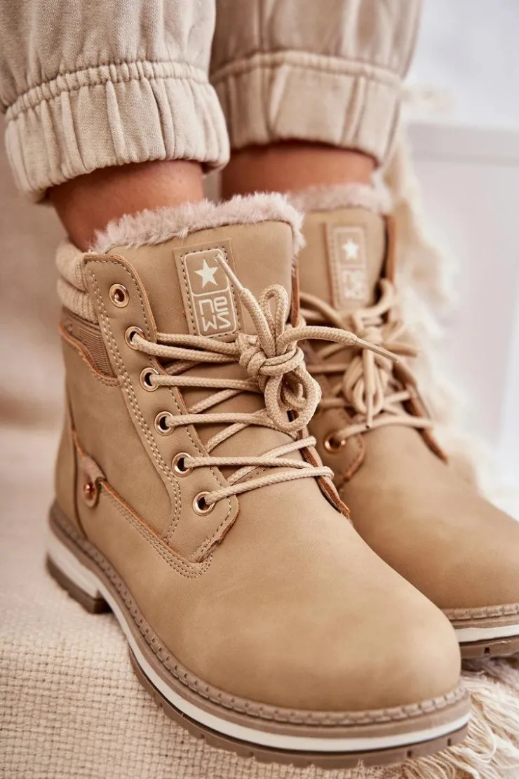 Evento Damskie Trapery|Botki Sznurowane*Damskie Ocieplane Botki Trapery Ciemny Beż Liv