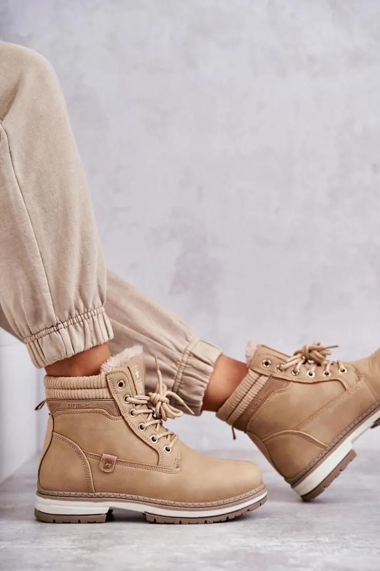 Evento Damskie Trapery|Botki Sznurowane*Damskie Ocieplane Botki Trapery Ciemny Beż Liv