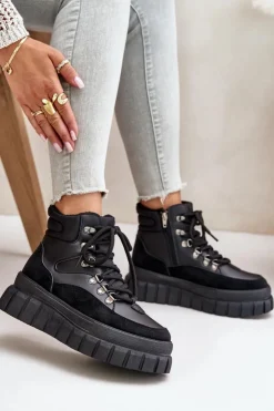 New Evento Damskie Ocieplane Botki Trapery Na Platformie Czarne Jelenia