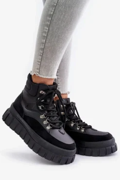 New Evento Damskie Ocieplane Botki Trapery Na Platformie Czarne Jelenia