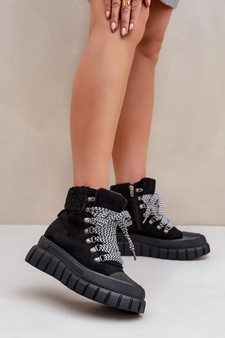 Damskie Evento Damskie Ocieplane Botki Trapery Na Platformie Czarne Alcyhen
