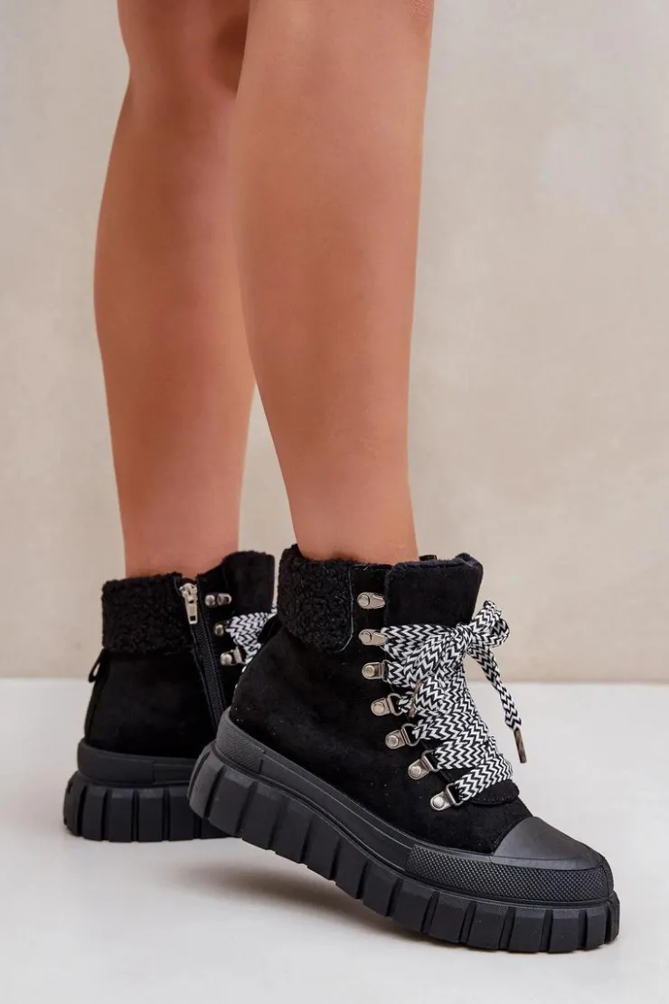 Damskie Evento Damskie Ocieplane Botki Trapery Na Platformie Czarne Alcyhen