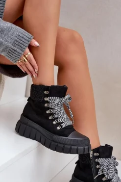 Damskie Evento Damskie Ocieplane Botki Trapery Na Platformie Czarne Alcyhen