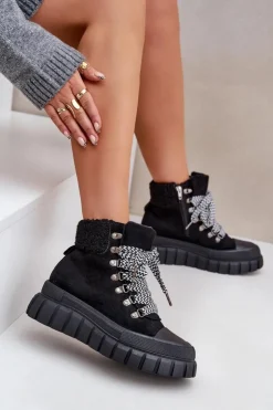 Damskie Evento Damskie Ocieplane Botki Trapery Na Platformie Czarne Alcyhen