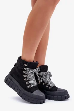 Damskie Evento Damskie Ocieplane Botki Trapery Na Platformie Czarne Alcyhen