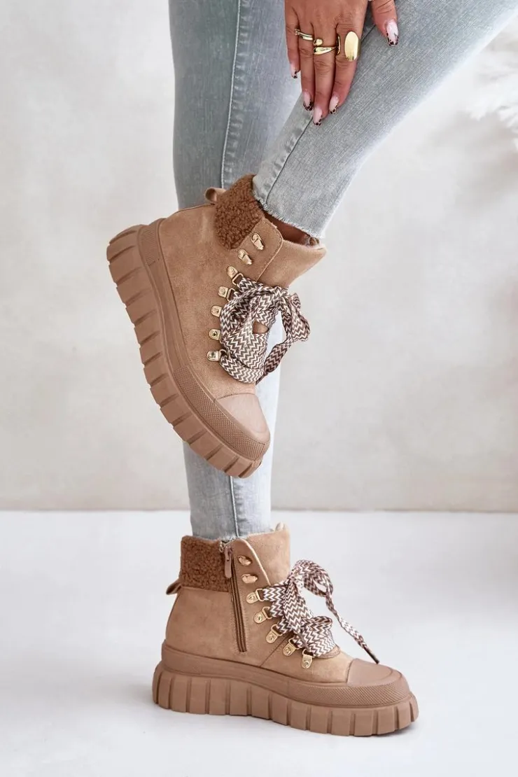 Damskie Evento Damskie Ocieplane Botki Trapery Na Platformie Brązowe Alcyhen