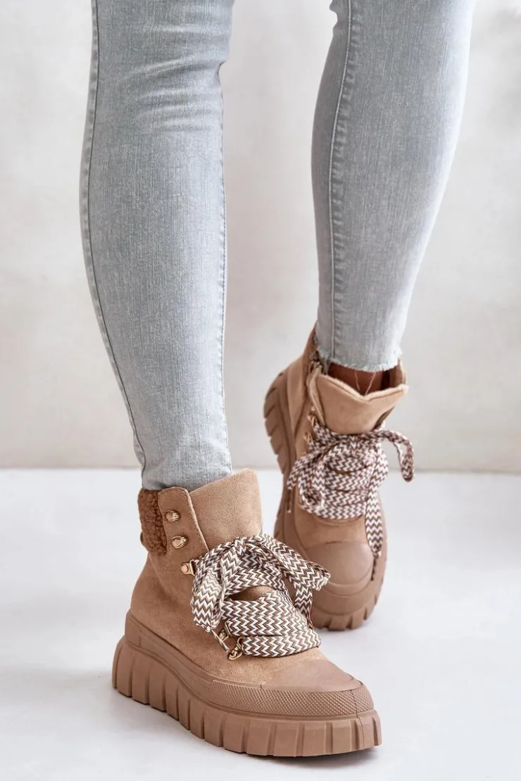 Damskie Evento Damskie Ocieplane Botki Trapery Na Platformie Brązowe Alcyhen