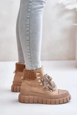 Damskie Evento Damskie Ocieplane Botki Trapery Na Platformie Brązowe Alcyhen