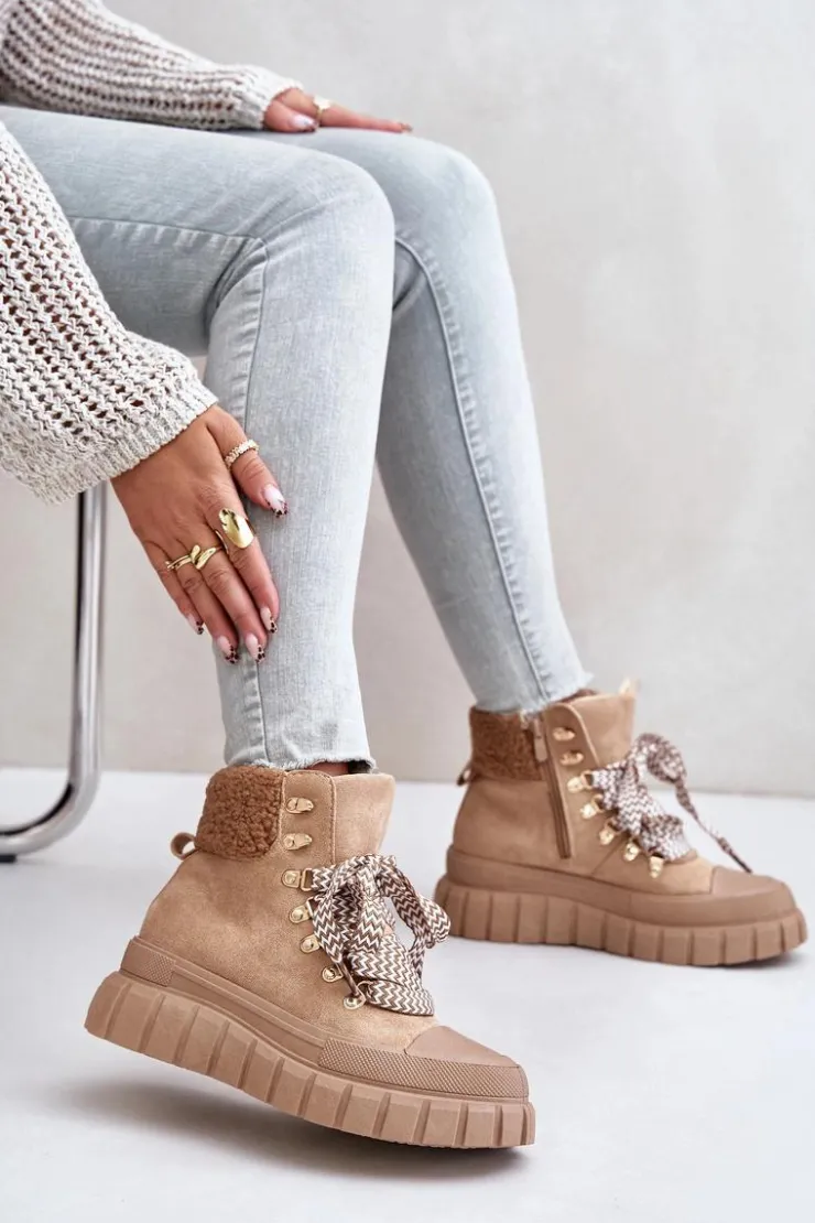 Damskie Evento Damskie Ocieplane Botki Trapery Na Platformie Brązowe Alcyhen