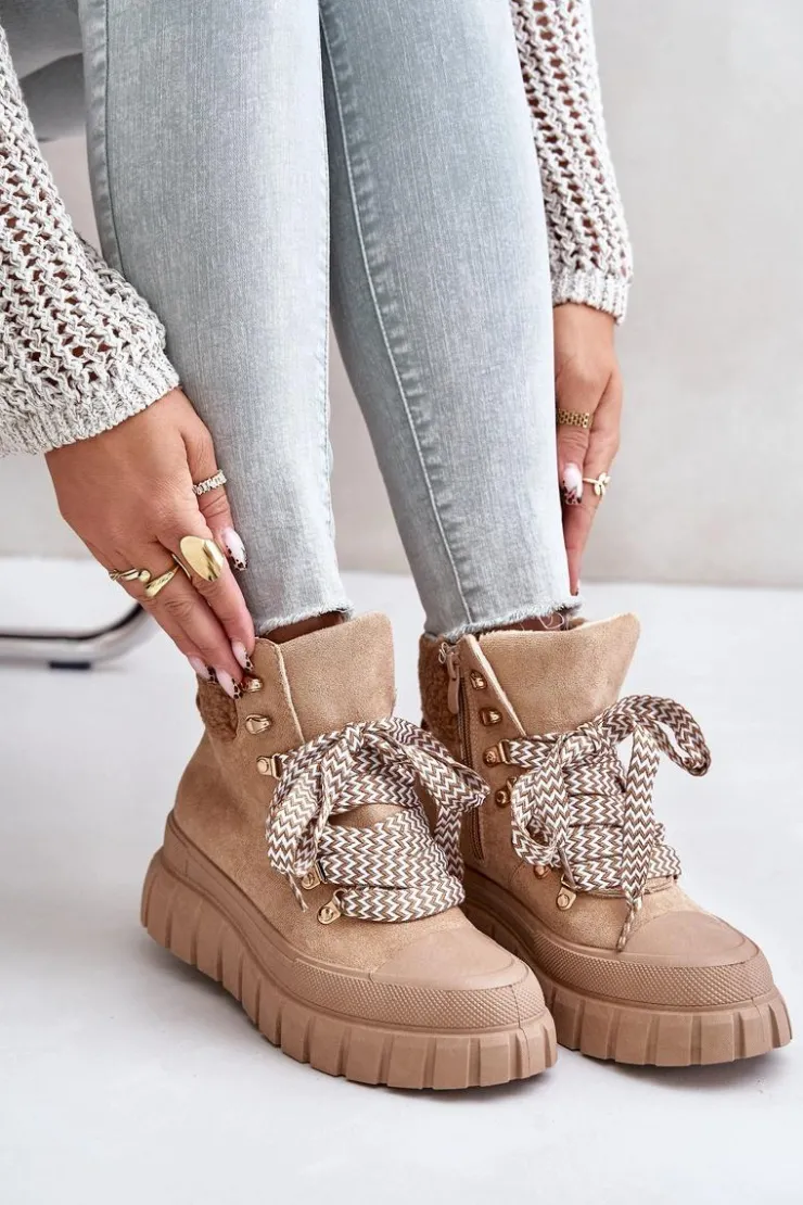 Damskie Evento Damskie Ocieplane Botki Trapery Na Platformie Brązowe Alcyhen