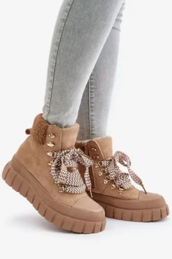 Damskie Evento Damskie Ocieplane Botki Trapery Na Platformie Brązowe Alcyhen