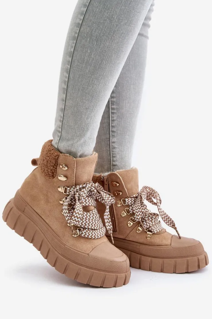 Damskie Evento Damskie Ocieplane Botki Trapery Na Platformie Brązowe Alcyhen