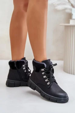 Damskie Boto Damskie Ocieplane Botki Trapery Na Zamek Czarne Mevanisa