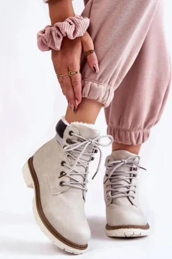 Boto Damskie Trapery|Botki Sznurowane*Damskie Ocieplane Botki Trapery Jasnoszare Lonne