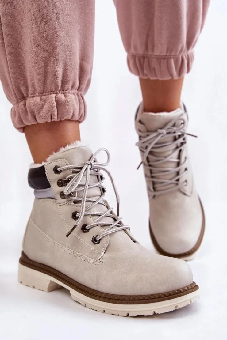 Boto Damskie Trapery|Botki Sznurowane*Damskie Ocieplane Botki Trapery Jasnoszare Lonne