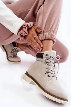 Boto Damskie Trapery|Botki Sznurowane*Damskie Ocieplane Botki Trapery Jasnoszare Lonne