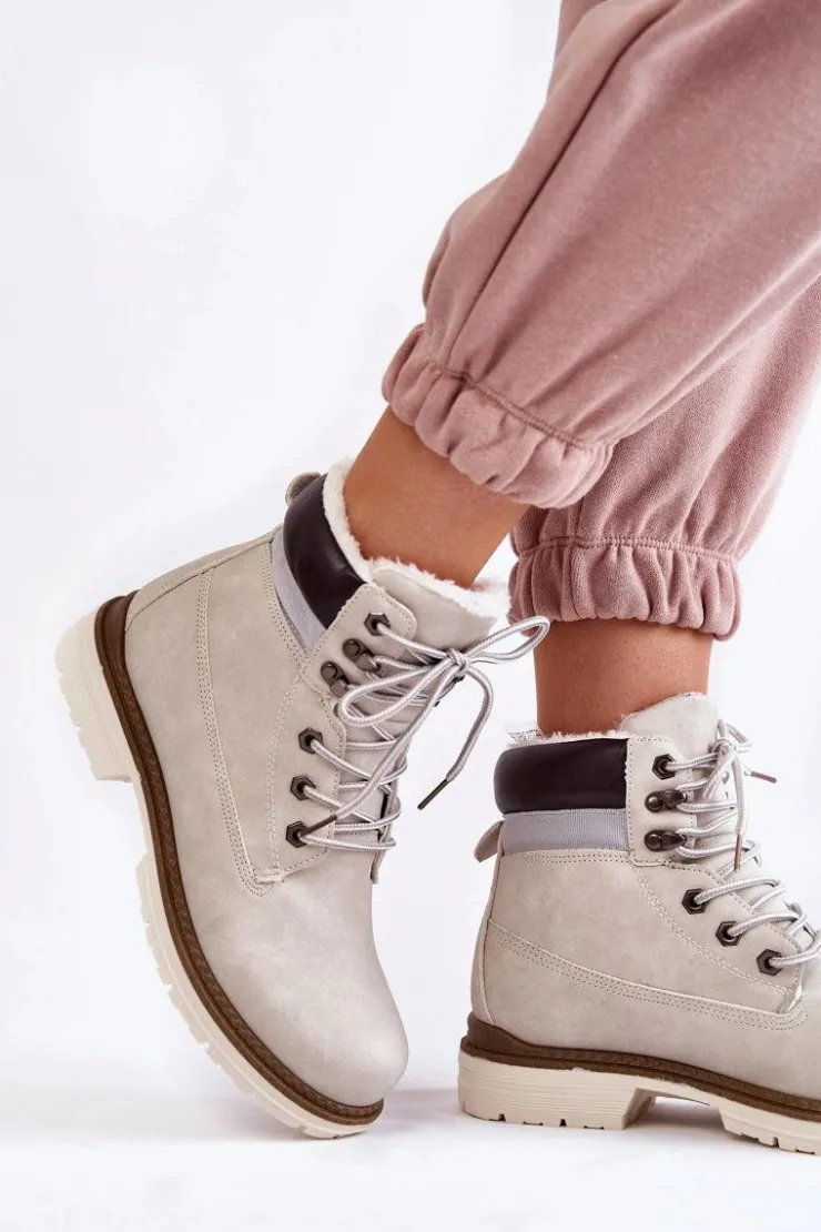 Boto Damskie Trapery|Botki Sznurowane*Damskie Ocieplane Botki Trapery Jasnoszare Lonne