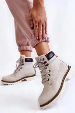 Boto Damskie Trapery|Botki Sznurowane*Damskie Ocieplane Botki Trapery Jasnoszare Lonne