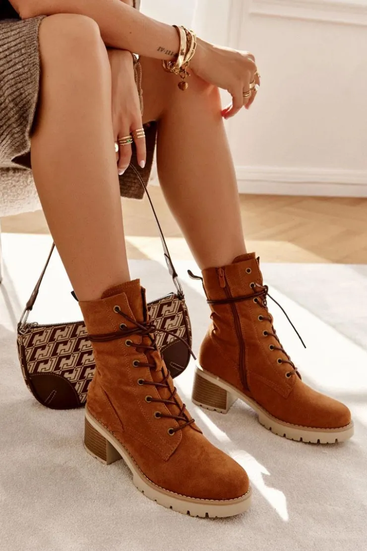 Discount Boto Damskie Ocieplane Botki Trapery Na Obcasie Camel Julieta Brązowy