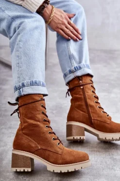 Discount Boto Damskie Ocieplane Botki Trapery Na Obcasie Camel Julieta Brązowy