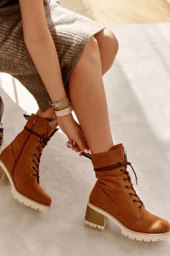 Discount Boto Damskie Ocieplane Botki Trapery Na Obcasie Camel Julieta Brązowy