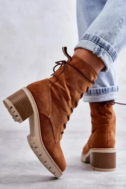 Discount Boto Damskie Ocieplane Botki Trapery Na Obcasie Camel Julieta Brązowy