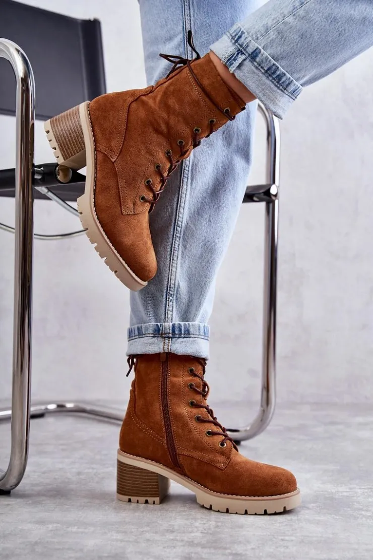 Discount Boto Damskie Ocieplane Botki Trapery Na Obcasie Camel Julieta Brązowy