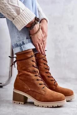 Discount Boto Damskie Ocieplane Botki Trapery Na Obcasie Camel Julieta Brązowy